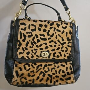 Leopard Print Top-Handle Satchel Bag - Black & Tan